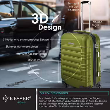 Набір валіз KESSER 3 шт. з ABS-пластику, жорсткий корпус, 4 колеса, з замком і телескопічною ручкою, M-L-XL, для подорожей, колір хакі