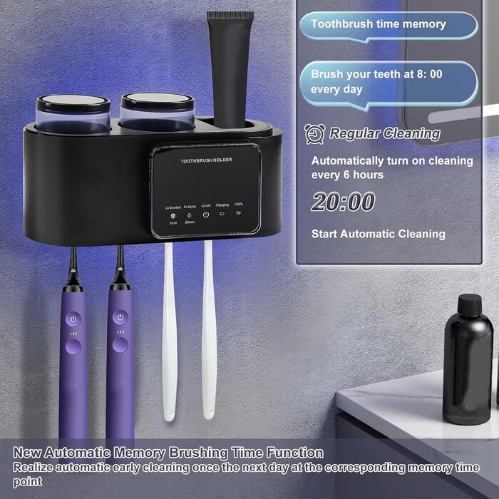 Toothbrush Holder Black, Holder for UV Toothbrush Sanitizer Wall Toothbrush Holder for 5 Toothbrushes, Drying and Cleaning Function for Toothbrushes