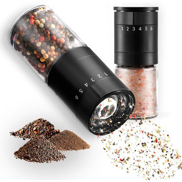 Набір з 2 перцемолок з керамічним механізмом та 6-ступеневим регулюванням – великі соляні та перцеві млини, чорний матовий, ручні, регульовані та з можливістю поповнення. Багатофункціональні