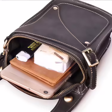 Le'aokuu Men's Leather Motorcycle Hip Bag Messenger Shoulder Drop Leg Bag (9326 Dark Black)