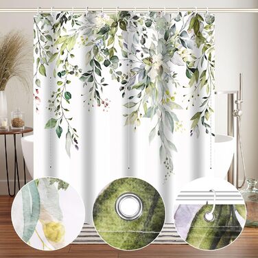 Шторка для душу текстильна з 12 гачками, водонепроникна, антигрибкова, 180x200 см, для ванної кімнати, зелена