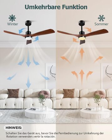 Стеляний вентилятор з підсвічуванням та пультом керування, тихий DC двигун, 132 см, 3 дерев'яних лопаті, таймер, 6 швидкостей, сертифікат ETL, режим літо/зима для спальні, коричневий