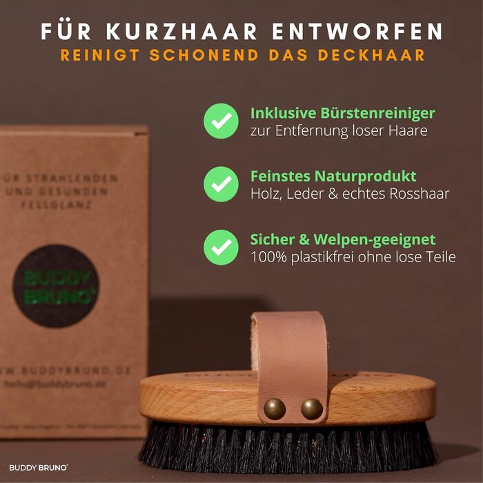 Щітка для собак Buddy Bruno® для короткошерстих порід, 100% натуральна щетина, для щоденного догляду за шерстю, преміум-щітка для собак та котів, з очищувачем, MADE IN DE