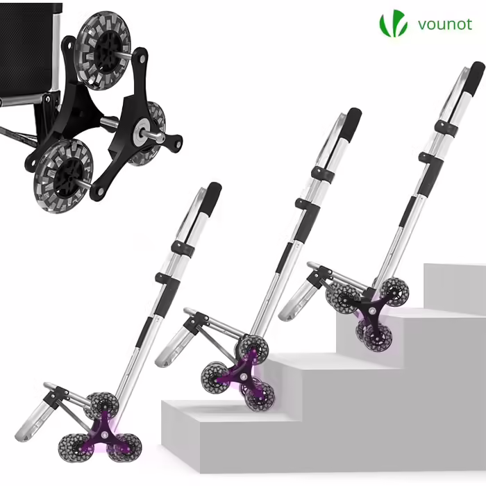 VOUNOT® Aluminum Shopping Trolley Stair Climber, 3-in-1 Trolley Shopping Cart Foldable, Hatching Cart with Cooler Compartment and Hooks, 6 Wheels & Large Capacity, Waterproof, (60L, Black)