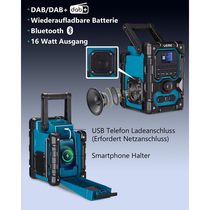 Радіо для будівельного майданчика з DAB+, FM, Bluetooth 5.0, 16W, акумулятор 8000mAh, USB-зарядка, Aux, захист від пилу та вологи (блакитне)
