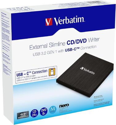 Зовнішній тонкий CD/DVD-записувач Verbatim USB-C USB 3.2 Gen1 з кабелем USB-C на USB-A, компактний привід для ноутбука