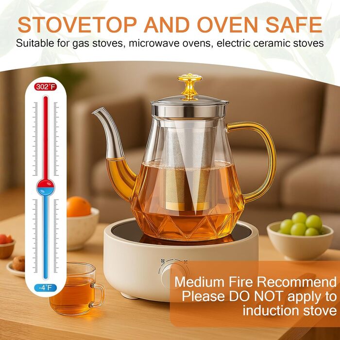 Скляний чайник Teekanne з ситом для листового та розквітлого чаю, 1000 мл, термостійке скло з щіткою для чищення, підходить для плити