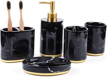 Набір аксесуарів для ванної кімнати 5 шт. з нержавіючої сталі, імітація мармуру, включає дозатор для мила, стакан для зубної пасти, мильниця, тримач для зубних щіток, набір для ванної кімнати, білий/чорний (білий + золото)