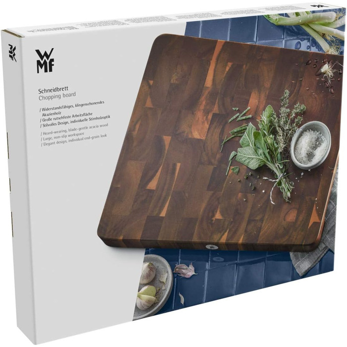 Дерев'яний обробний стіл WMF Schneidebrett Holz, великий, масивний, 40 x 32 x 4 см, акація, захист леза, велика поверхня, кухонний стіл, стильна окантовка, гумові ніжки