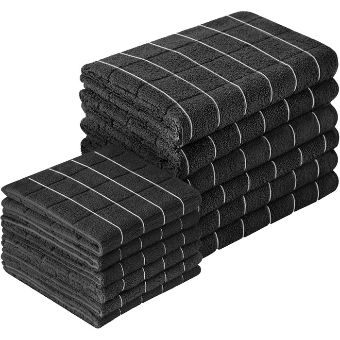 Puomue Microfiber Kitchen Towels and Dishcloths Set, 66 x 45 cm and 30.5 x 30.5 cm, Set of 12 Lint-Free Dishcloths for Drying Dishes (black)