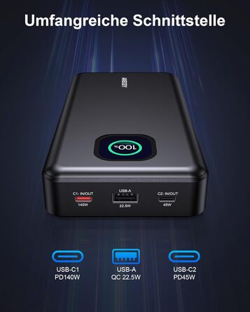 Power Bank 140W, 25000mAh з дисплеєм для ноутбука, MacBook, iPad, iPhone, Switch, Dell XPS (Сірий)