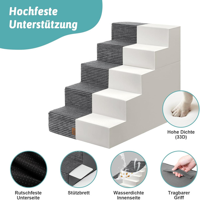COZY KISS Dog Stairs for Small Dogs, Wide Steps Pet Stairs for Bed Couch Car, 60cm High High-Density Foam Cat Stairs with Removable Cover ( 7x0x60cm, ) (Dark Gray, 5, 75x50x60cm-Removable)
