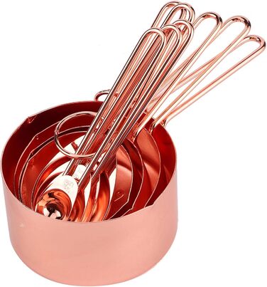 8-Piece Measuring Cup and Spoon Set, Stainless Steel Measuring Spoons with Buckle, Kitchen Baking Accessories for Milk-Tea Shops, Bars, Cafés, Kitchen Utensils (Color: Rose Gold)