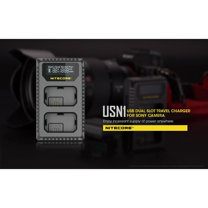 Зарядний пристрій Nitecore USN1 для Sony NP-FW50 з індикатором та USB, чорний