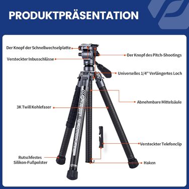 Штатив Fotopro Carbon X-Aircross 3 Lite: 151 см, 360° кулькова головка, для камери, легкий, синій