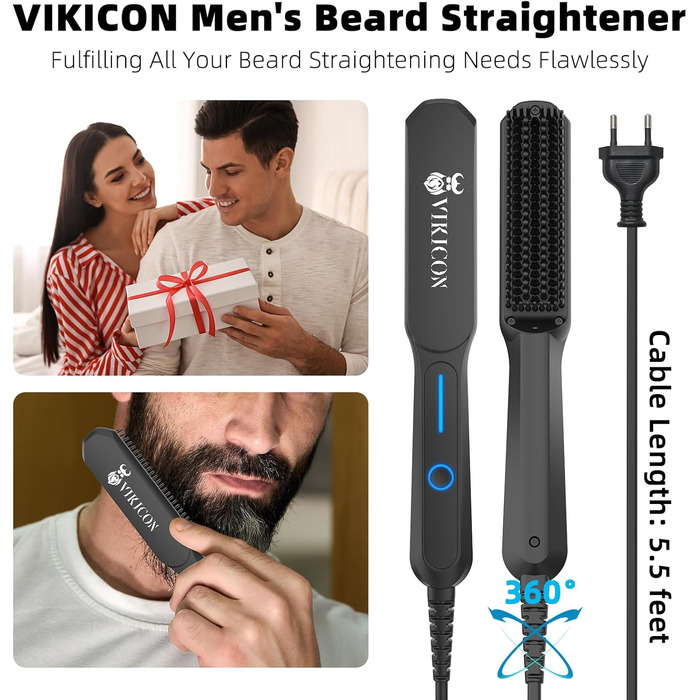 VIKICON Men's Beard Straightener Brush - Mini Pro Hair Straightener with Negative Ions, 3-Temp Settings, Portable & Fast for Beard & Hair Styling - Black
