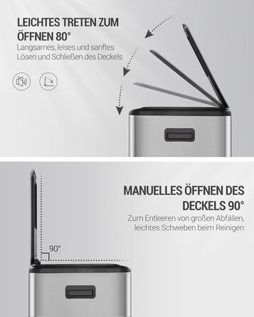 Відро для сміття з сортуванням 2 відділення 60 л (2 x 30 л), нержавіюча сталь, з педаллю, тихий закриття, з 15 пакетами, срібний SW06099E