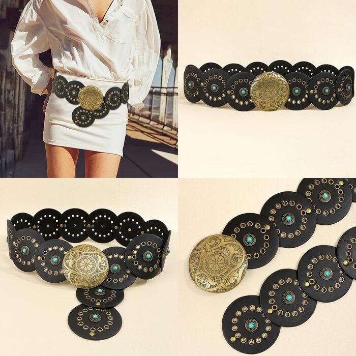 Жіночий ремінь TOFBS в стилі бохо, колір бірюзовий, металевий, широкий, регульований, для джинсів та суконь (Чорний)
