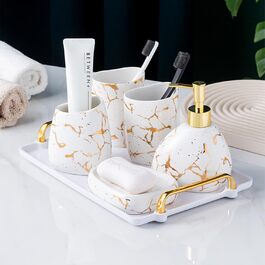 Bathroom Accessories Set, Gold Marble Look, Modern 6-Piece Bathroom Accessories Set, complete with soap dispenser, toothbrush holder, cup, tray, countertop (White Gold)