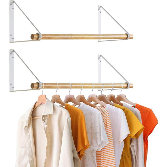 Wall Mounted Clothes Rack, Wall Clothes Stand, Entryway Furniture in Industrial Style, Modern Coat Rack, Coat Rack for Bedroom Bathroom Balcony Indoor Outdoor, TYJ005W (80cm*2, Wood + White)