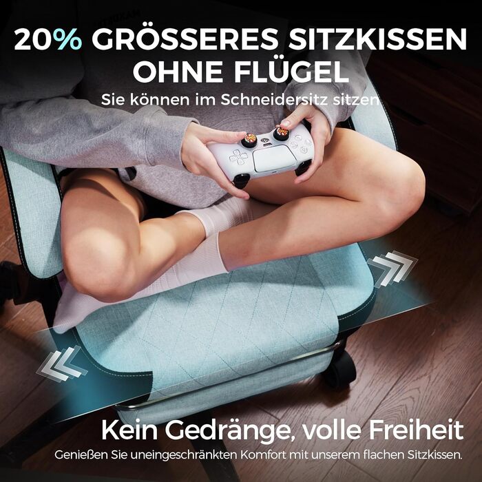 Ігровий крісло Dowinx з тканиною, пружинним сидінням та масажем попереку, з підніжкою для дорослих. Ергономічне, велике та високе крісло для офісу та ігор, до 135 кг, колір - аква