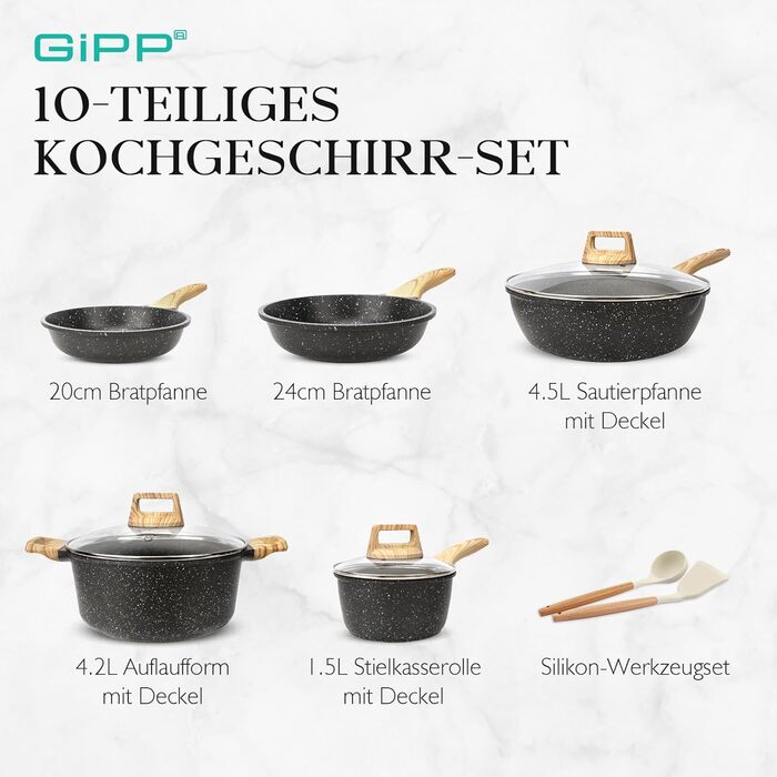 Набір кухонного посуду GiPP з кришкою, антипригарне покриття з кераміки, набір каструль та сковорідок для всіх типів плит, (сірий, 14-ти частинний)