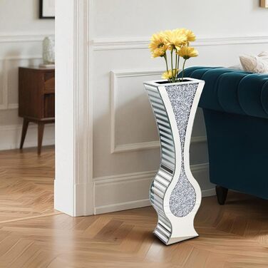 Ваза для квітів велика 68 см, підлогова ваза: срібна ваза з кристалами для пампас трави, скляна ваза з дзеркальним покриттям, декоративна ваза з блискітками для вітальні, декор інтер'єру – не для води (21.5L x 13B x 68.5H cm)