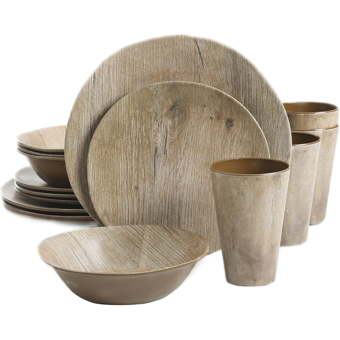 Набір посуду Gibson Home Woodlands, 16 предметів, меламін, пластик, для 4 осіб, з елементами дерева