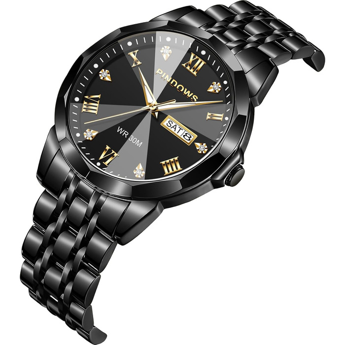 Годинник чоловічий PINDOWS Luxus Quarz аналоговий з датою та великим циферблатом, водостійкий, модний, бізнес-стиль. Елегантний двоколірний годинник з нержавіючої сталі з підсвічуванням календаря De650n1: Чорний