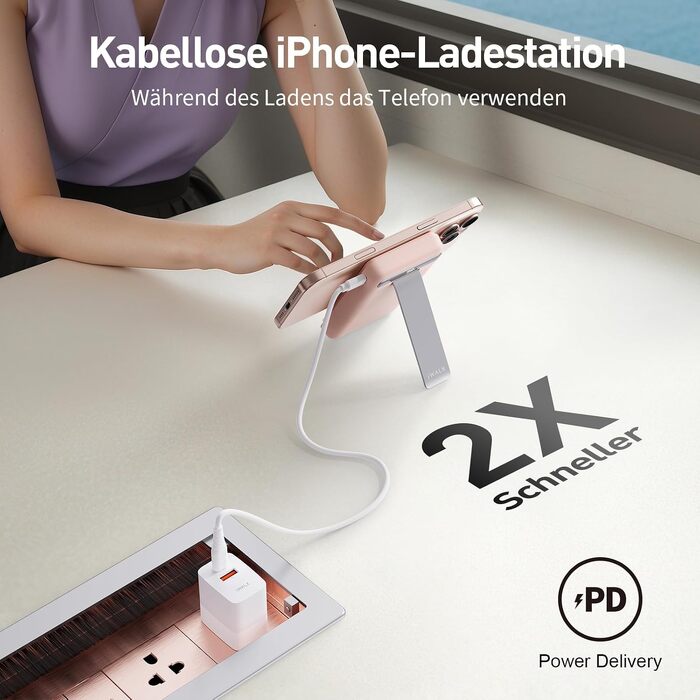 Магнітний бездротовий павербанк iWALK Magnetic 15W 10000mAh, Qi2 сертифікований, з LED-дисплеєм та підставкою, швидка зарядка для iPhone 16/15/14/13/12 Pro Max/Plus/Mini, Рожевий