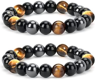 Браслет з тигровим оком, чорним турмаліном, обсидіаном та гематитом. Захисний браслет для чоловіків та жінок. Подарунок для друзів, чоловіка, батька (еластичний)