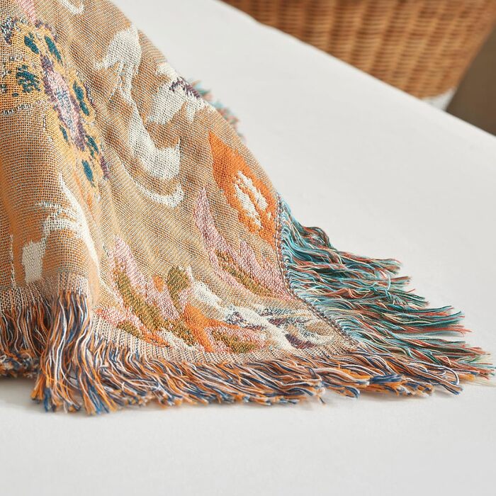 Богемна ковдра Boho 150x200 см з 100% бавовни, двостороння муслінова ковдра, плед для дивану та ліжка, patchwork, літня ковдра для вітальні, зелено-бежева (230x250 см, квіти та птахи)