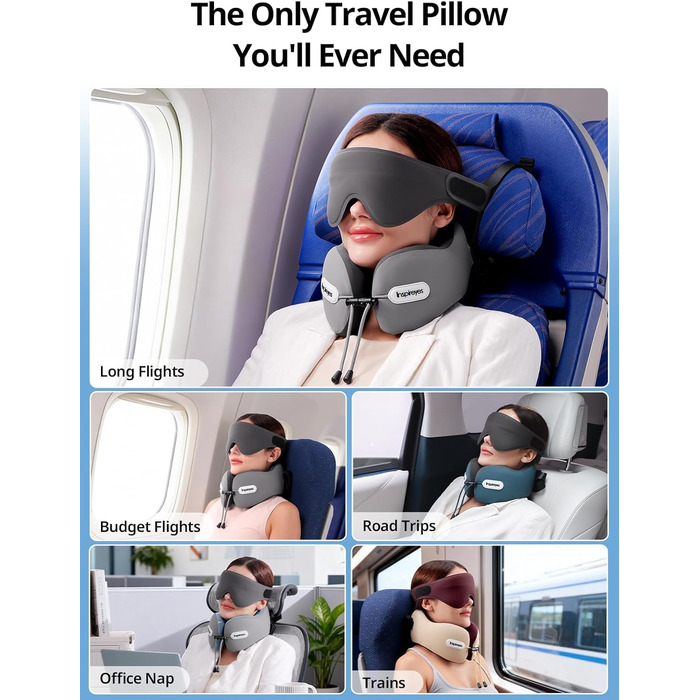 Подушка для шиї у літак з ременем безпеки та 3D маскою для сну, блакитна. Підтримка шиї та голови, високоякісний пінополіуретан, запобігає нахилу голови.