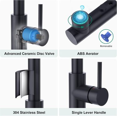 Кухонний змішувач CREA з 3 функціями: душ, висувний вилив, поворот 360°. Матовий чорний, для кухні.