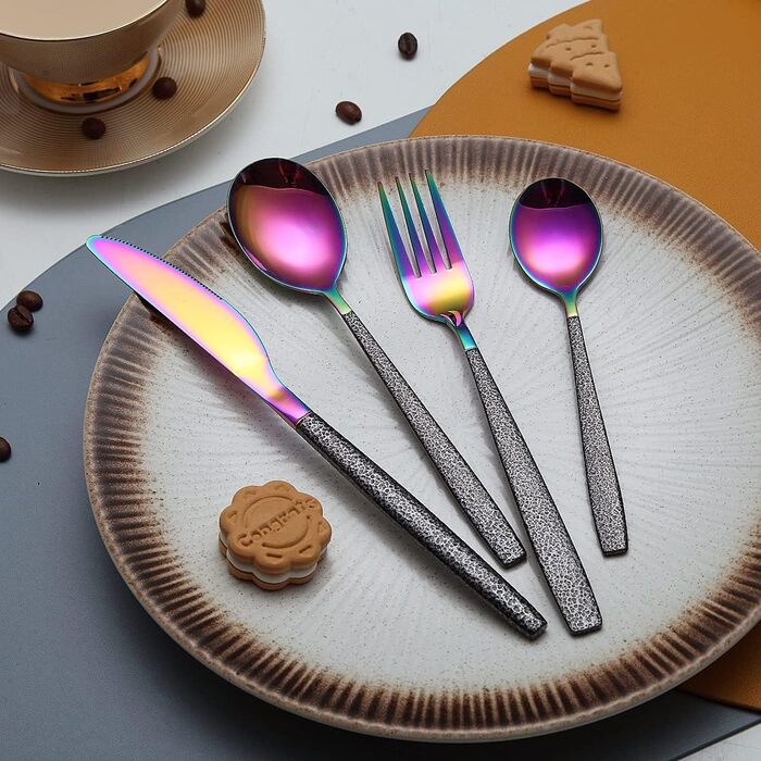 Набір столових приборів 24 предмети з позолоченим покриттям та ручками Mars, нержавіюча сталь, титанове покриття ножів, для 6 осіб, райдужний колір