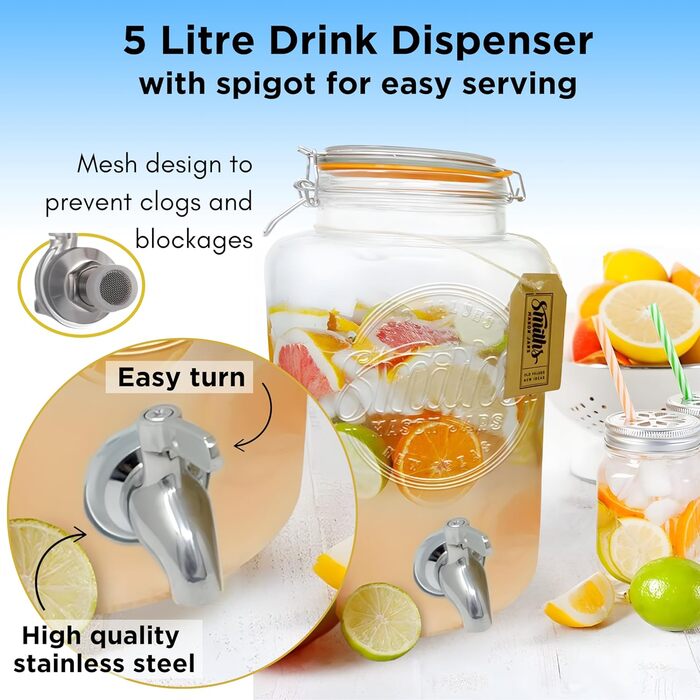 Скляна банка-диспенсер Smith's Mason Jars 5 л з нержавіючим краном, знімним фільтром, для лимонаду, напоїв, фруктів та трав