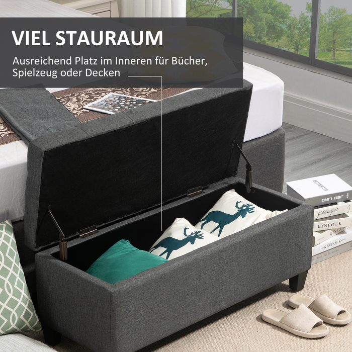 HOMCOM Bench with Cushion and Storage Space, 100 x 40 x 44 cm, Chest Bench made of linen-like Polyester and Rubberwood in Dark Grey