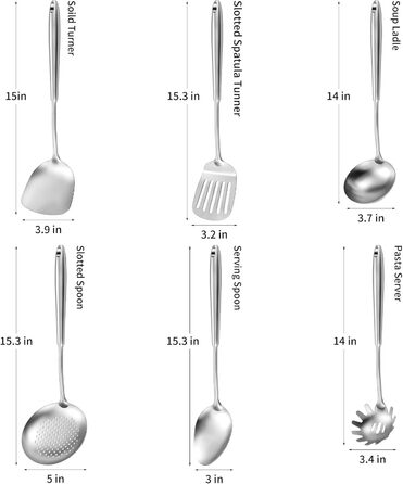 Набір кухонних аксесуарів 304 нержавіюча сталь, 12 предметів - набір кухонних інструментів з лопаткою, половником, ложкою, шумівкою, лопаткою для перевертання, щипцями (безпечно мити в посудомийній машині), сріблястий колір