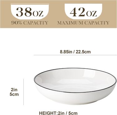 MALACASA Набір посуду 6 предметів: тарілки для пасти, супу, салату, сервірування. Глибокі тарілки для спагеті, велика супова миска. 1250 мл, білий з чорним обідком.