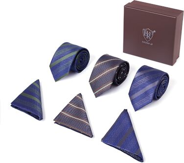 Набір краваток для чоловіків 3 шт. + 3 кишенькові хустинки | Подарунковий бокс на весілля | Класичні краватки та хустинки (синій та зелений)