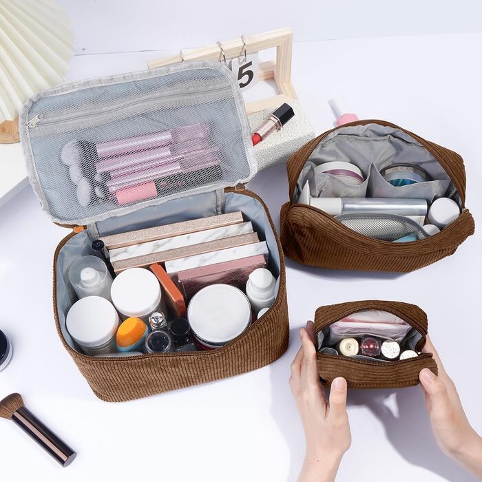 Косметичка MAGEFY: 2 шт. бежева + 3 шт. коричнева. Органайзер для макіяжу, дорожній, з відділеннями