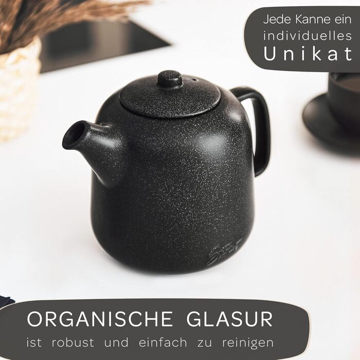 STEINZEIT Design Teapot (1.3L) with 304 Stainless Steel Infuser - Ceramic Teapot with Unique Glaze with Removable Strainer - Black