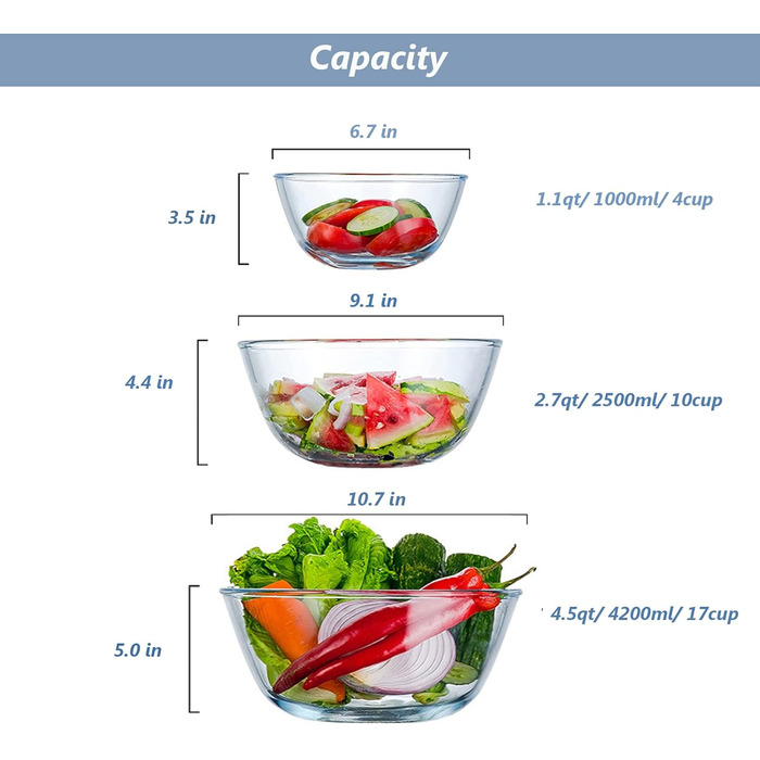 WhiteRhino Glass Mixing Bowls with Lids, 3-Piece Set (4.2L, 2.5L, 1L), Large Round Salad Bowls for the Kitchen, Salad Bowl with Lid, Cooking, Baking, Preparing, Dishwasher Safe