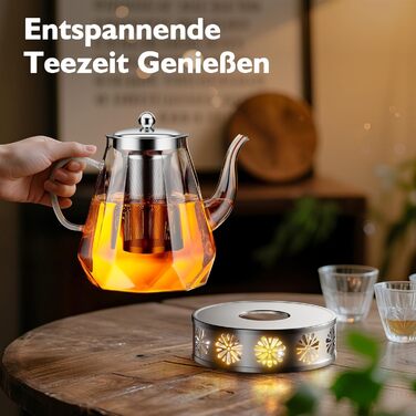 Скляний чайник STNTUS з підігрівачем та ситечком для листового чаю, 1.2 л, нержавіюча сталь