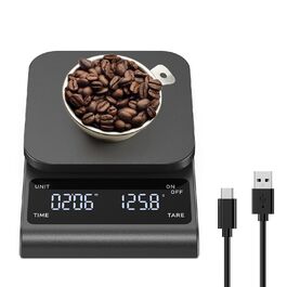 Ваги для кави Brifit з таймером, ваги для еспресо 3 кг/0.1 г, високоточні ваги, USB-зарядка, LED-дисплей, функція тарування, автовимкнення (Gunmetallgrau)