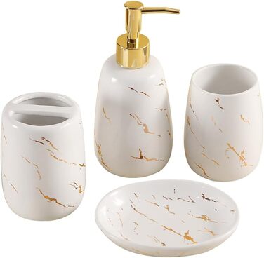 Bathroom Accessory Set, 4-Piece, complete with toothbrush holder, toothbrush cup, soap dispenser, soap dish, classic with gold-veined marble design, (White)