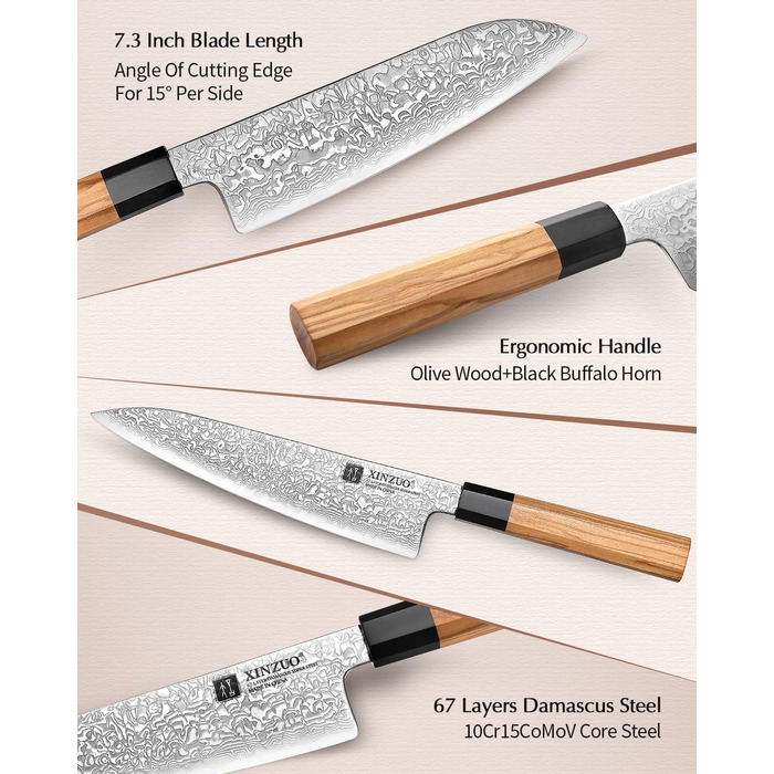 Японський ніж XINZUO Damaststahl Kiritsuke 21.5 см з нержавіючої сталі Дамаск, ніж шеф-кухаря Gyuto з ручкою з оливкового дерева та чорного рогу буйвола, з піхвою (набір з 5 ножів)
