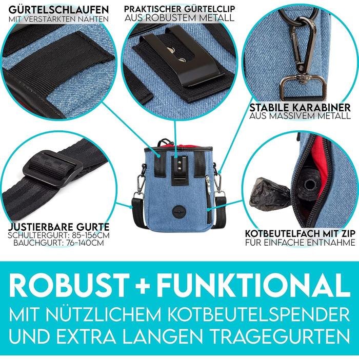 Преміум сумка для ласощів для собак HUND IST KÖNIG - універсальна, містка, з дозатором для відходів та E-book, блакитна (16 x 18 x 6 см)