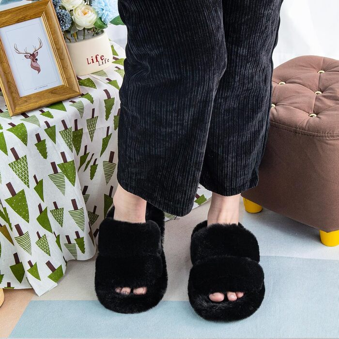 Жіночі тапочки халатні з антиковзким покриттям, теплі, пухнасті, чорного кольору, розмір 38/39 EU