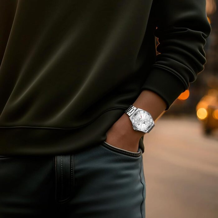 Годинник чоловічий LN LENQIN з нержавіючої сталі, водонепроникний, з датою, кварцовий, аналоговий, білий (сріблястий)